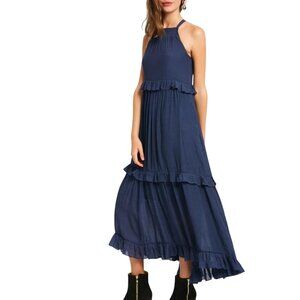 Sleeveless Maxi Dress Size Large Halter Ruffled Tiered Tie Back Navy Boho Chic